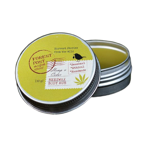 Forest Post Cedar Hemp Beeswax Body Rub, open tin on a white background