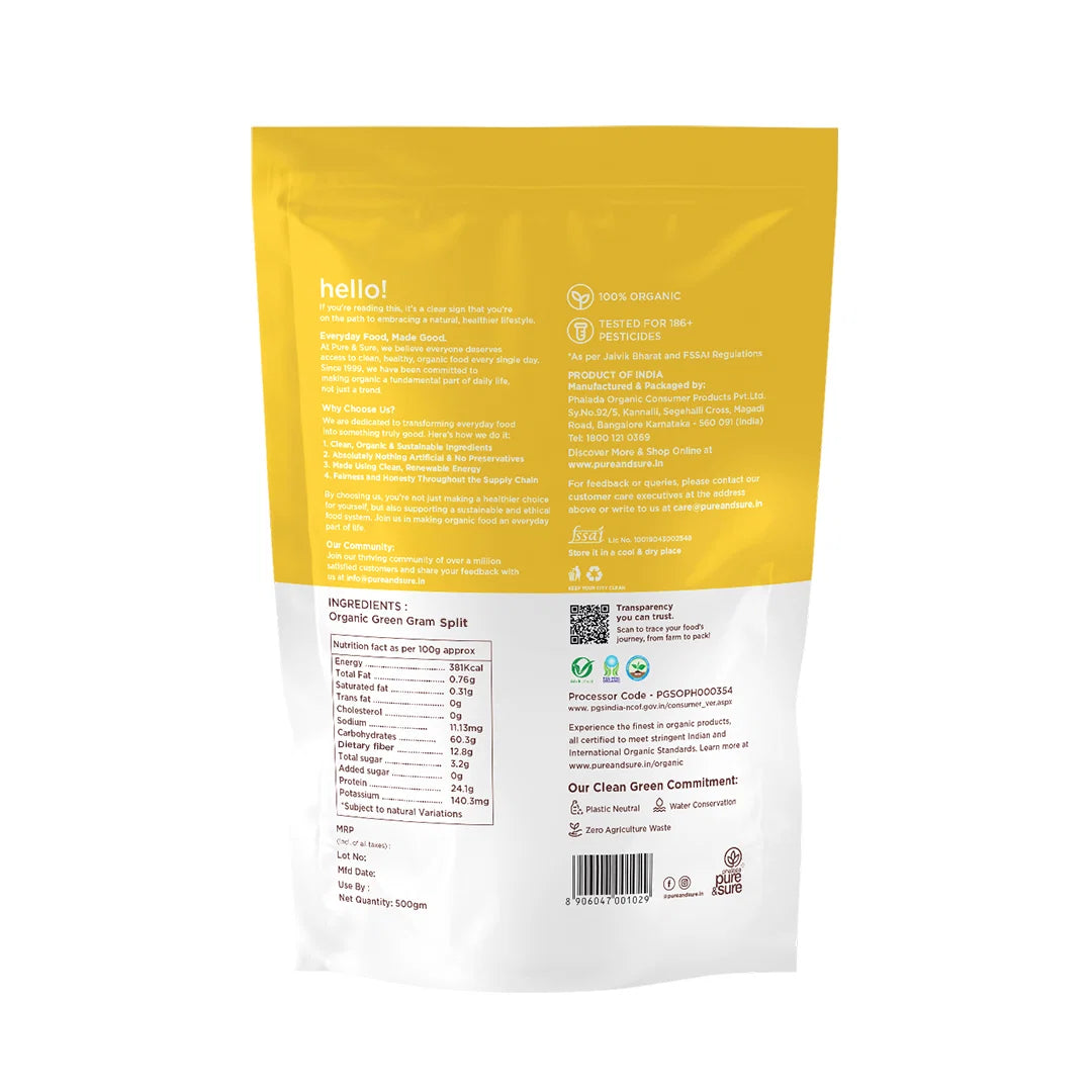 Back of purepicked organic Green Gram Split packaging showing nutritional facts, ingredients, and brand details.
