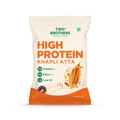 purepicked High Protein Khapli Atta flour bag featuring emmer wheat and nutritional benefits on a cream background
