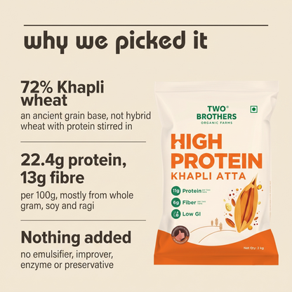 purepicked High Protein Khapli Atta flour bag with nutritional benefits and ancient grain ingredients listed
