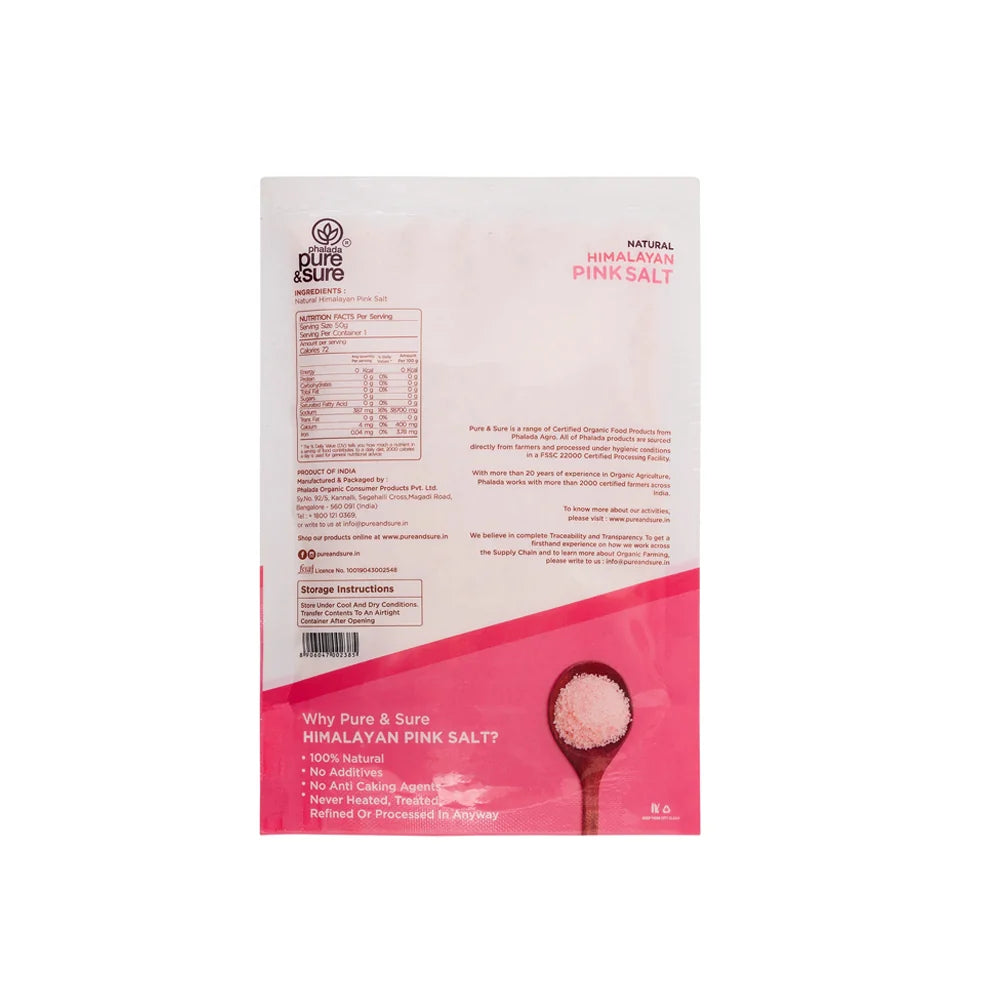 purepicked Natural Himalaya Pink Salt packaging back view with nutrition facts and storage instructions
