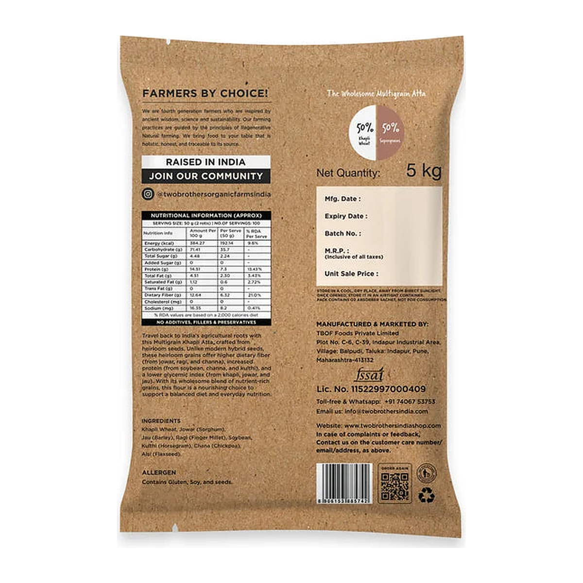 Back of the 5 kg Khapli Multigrain Atta pack, showing the ingredients, nutrition panel and manufacturer details