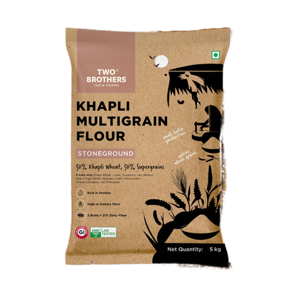 Two Brothers Organic Farms Khapli Multigrain Atta 5 kg pack, front of pack