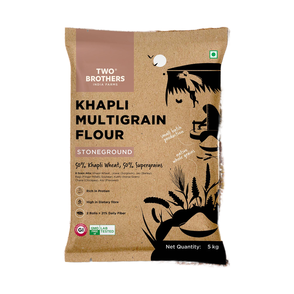 Two Brothers Organic Farms Khapli Multigrain Atta 5 kg pack, front of pack