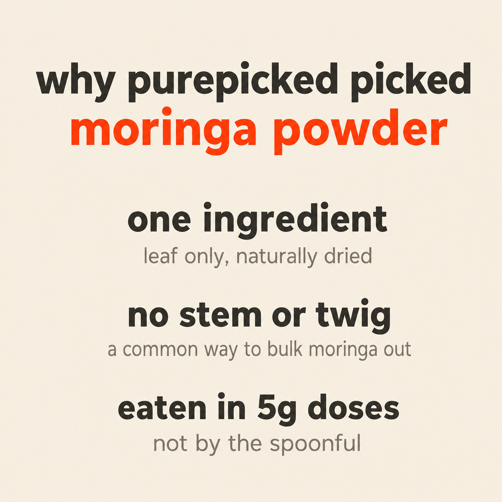 purepicked Moringa Powder infographic highlighting single ingredient, no stems, and 5g dosage benefits.