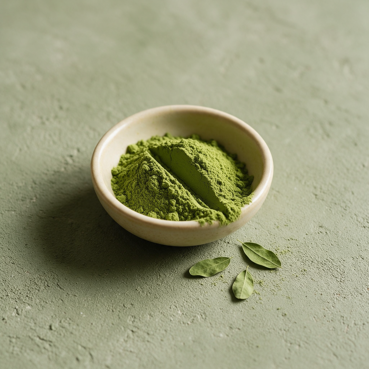 purepicked Moringa Powder in a small ceramic bowl with fresh green leaves on a textured sage green background