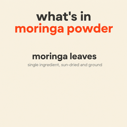purepicked Moringa Powder infographic highlighting single ingredient sun-dried and ground moringa leaves