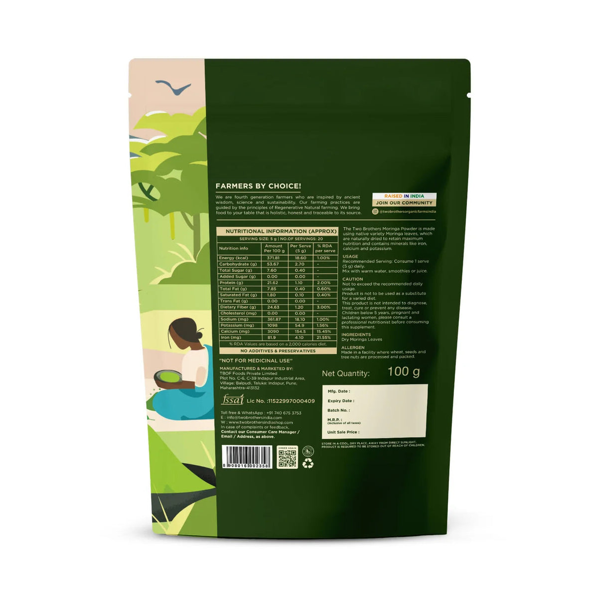 purepicked Moringa Powder packaging back view showing nutritional information and product details on green pouch
