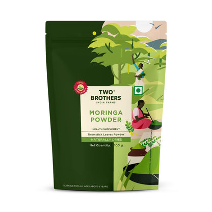 purepicked Moringa Powder in a green pouch featuring illustrated farm scenes and nutritional leaf powder details