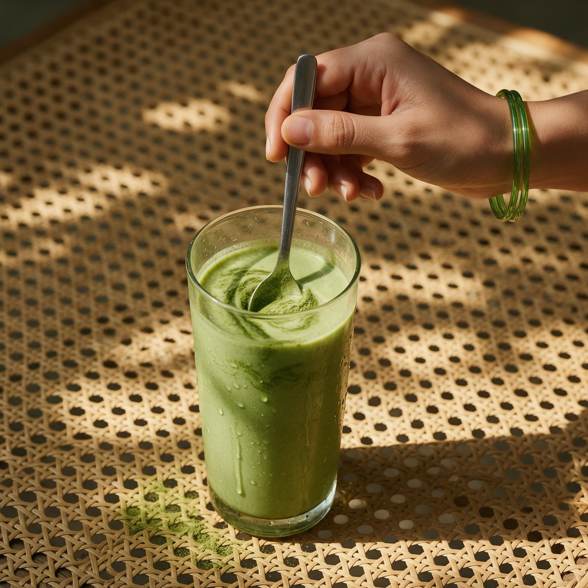 purepicked Moringa Powder mixed into a glass of green smoothie, stirred with a spoon on a woven rattan table.