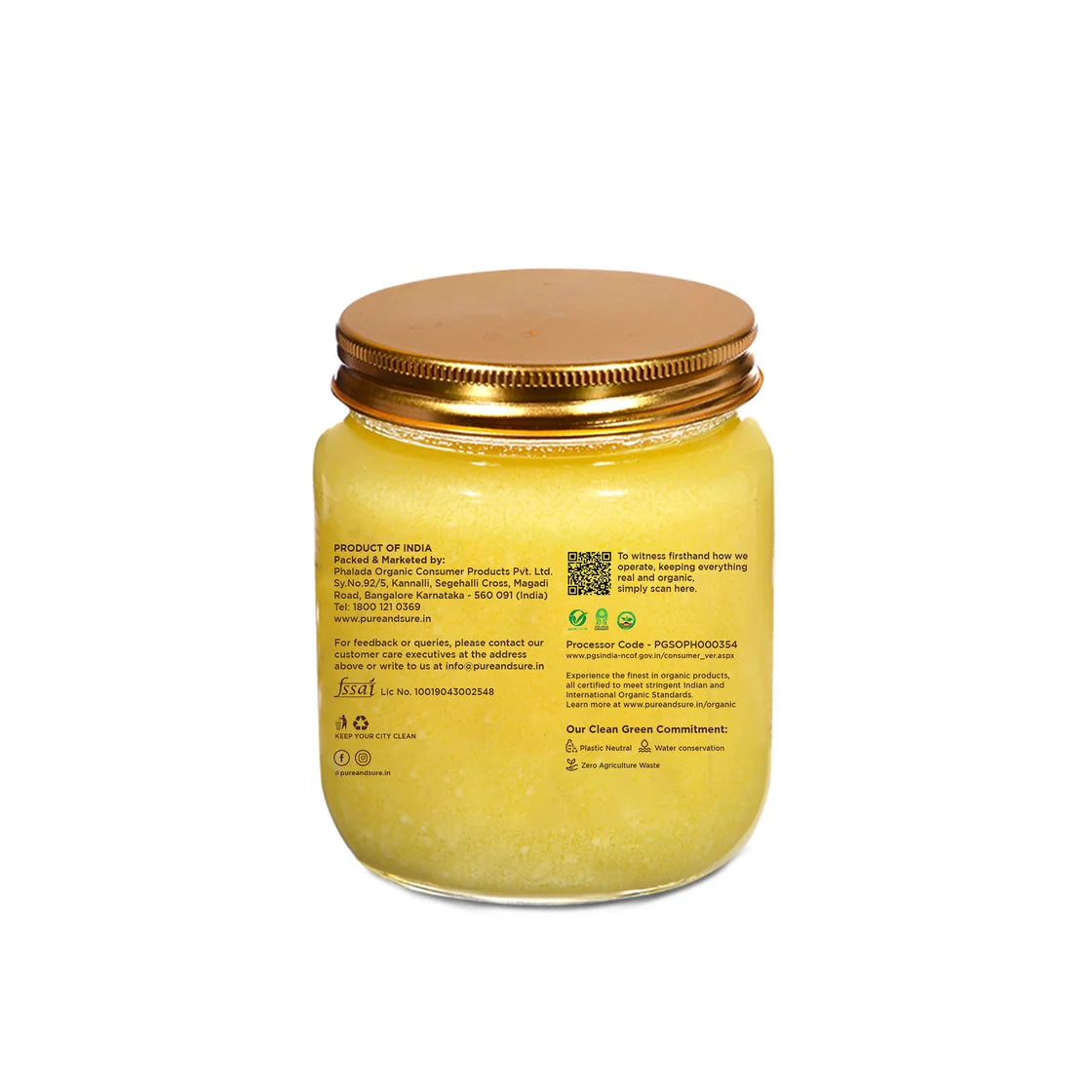 Back of the Pure & Sure organic A2 desi ghee jar showing the manufacturer and certification details