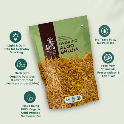 purepicked Aloo Bhujia snack pack made with organic potatoes and cold-pressed sunflower oil, no preservatives.