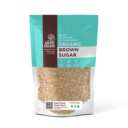 purepicked organic brown sugar in a clear pouch with teal branding, featuring natural molasses and caramel notes.
