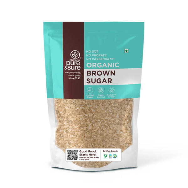 purepicked organic brown sugar in a clear pouch with teal branding, featuring natural molasses and caramel notes.