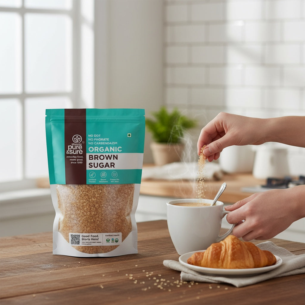 purepicked organic brown sugar pouch on a wooden table with a hand sprinkling sugar into a cup of coffee and a croissant