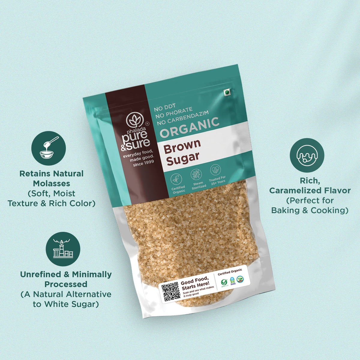 purepicked organic brown sugar in a clear pouch with natural molasses, rich caramel flavor, and unrefined texture.