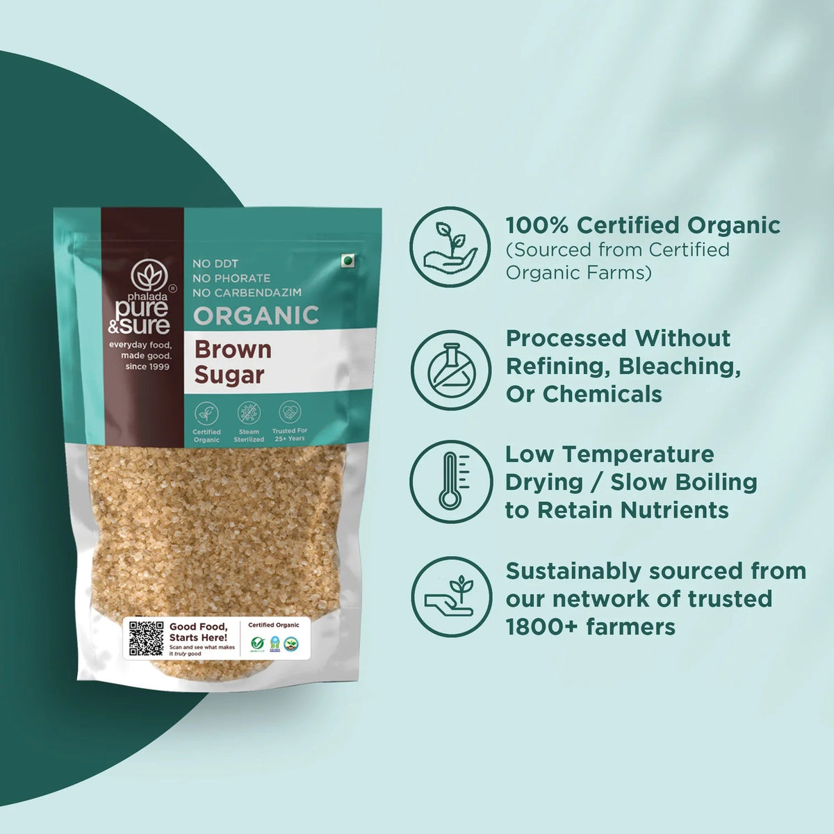 purepicked organic brown sugar in a clear pouch with informational icons highlighting sustainable farming practices.