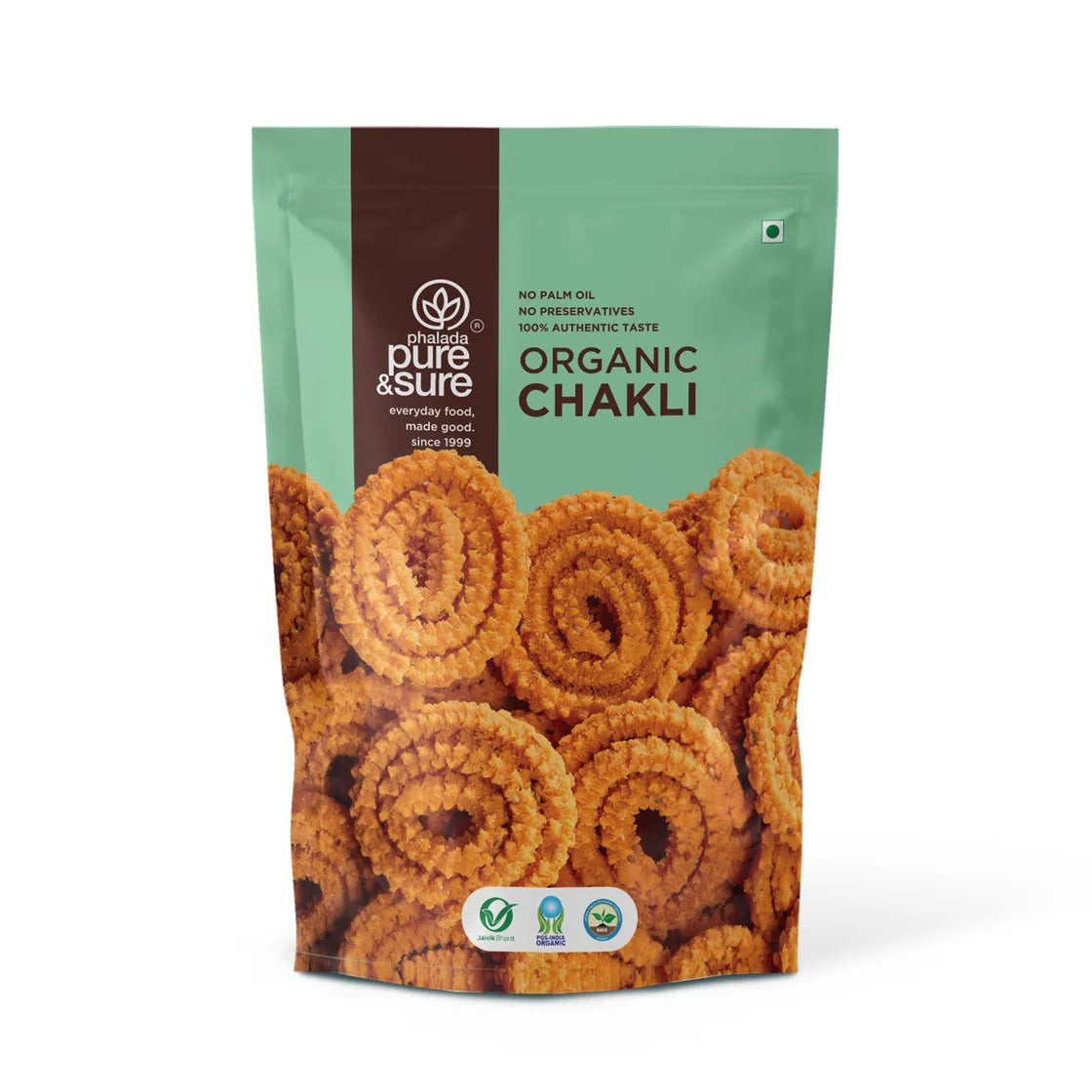 purepicked organic chakli snack in a green pouch made with rice flour, roasted chana, and cold-pressed sunflower oil