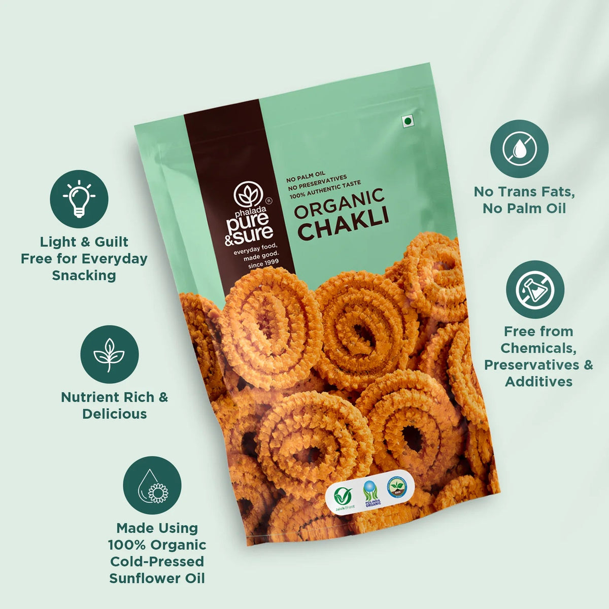purepicked organic chakli snack in a green pouch made with cold-pressed sunflower oil and no artificial additives