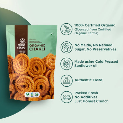 purepicked organic chakli snack made with cold-pressed sunflower oil, rice flour, and roasted chana in a pouch.