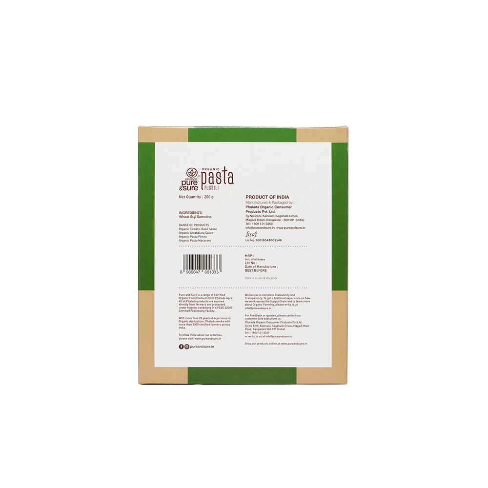 Back of purepicked organic wheat suji semolina fusilli pasta packaging with nutritional and product information