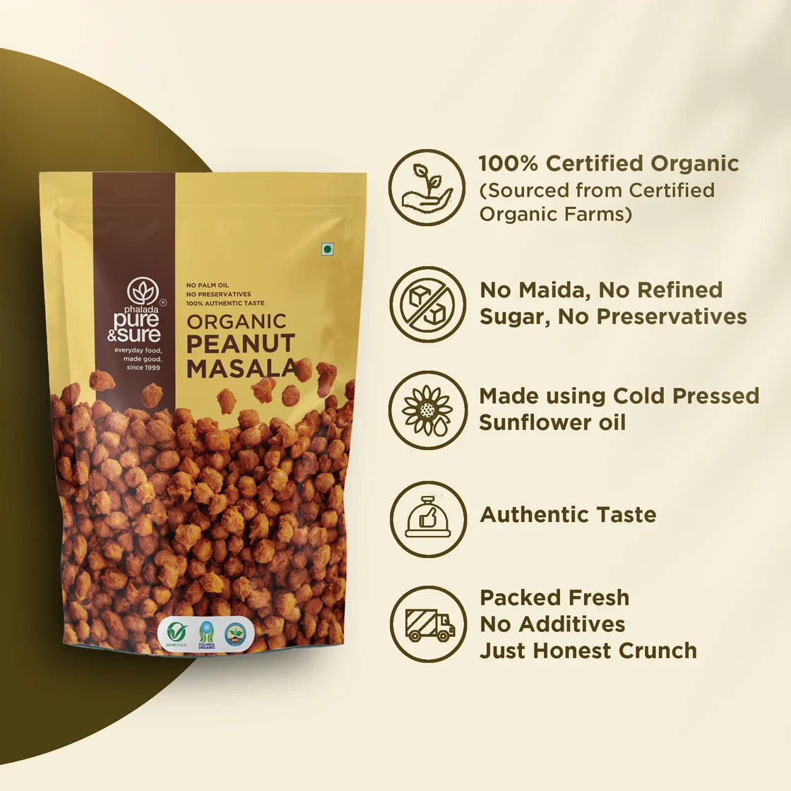 purepicked organic peanut masala snack in a pouch with spice-coated groundnuts and nutritional benefit icons