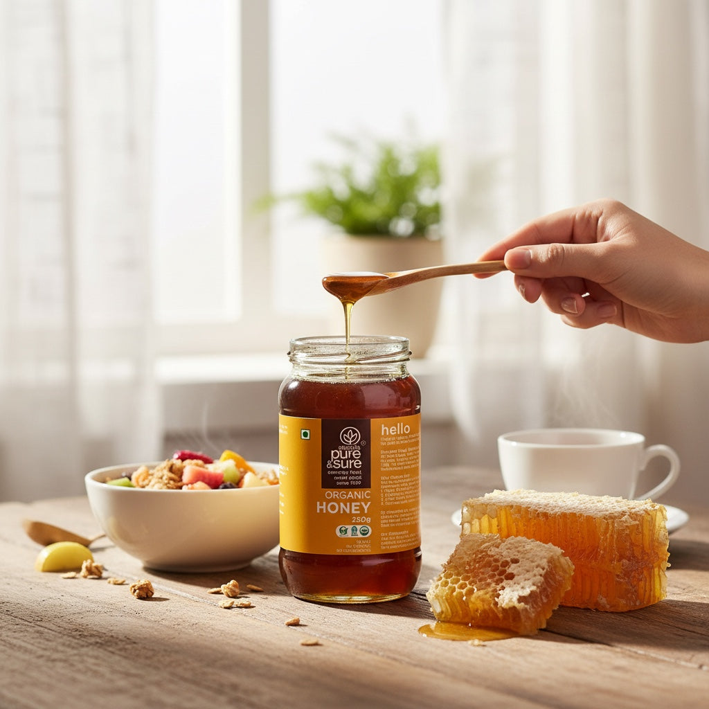purepicked organic raw honey in a 250g jar with honeycomb and a wooden spoon on a rustic breakfast table