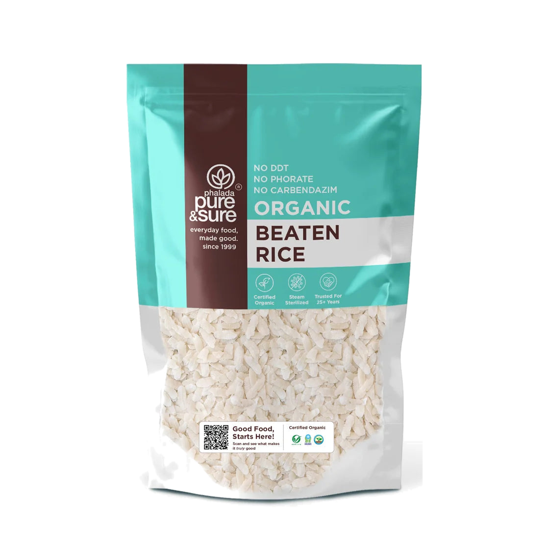 Pure & Sure Organic Poha beaten rice pack, front