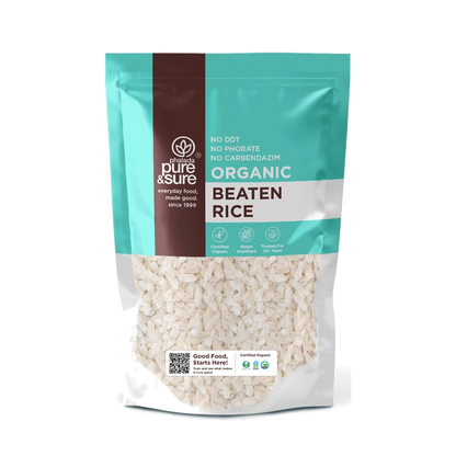 Pure & Sure Organic Poha beaten rice pack, front