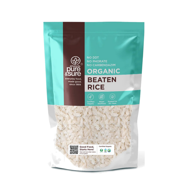 Pure & Sure Organic Poha beaten rice pack, front