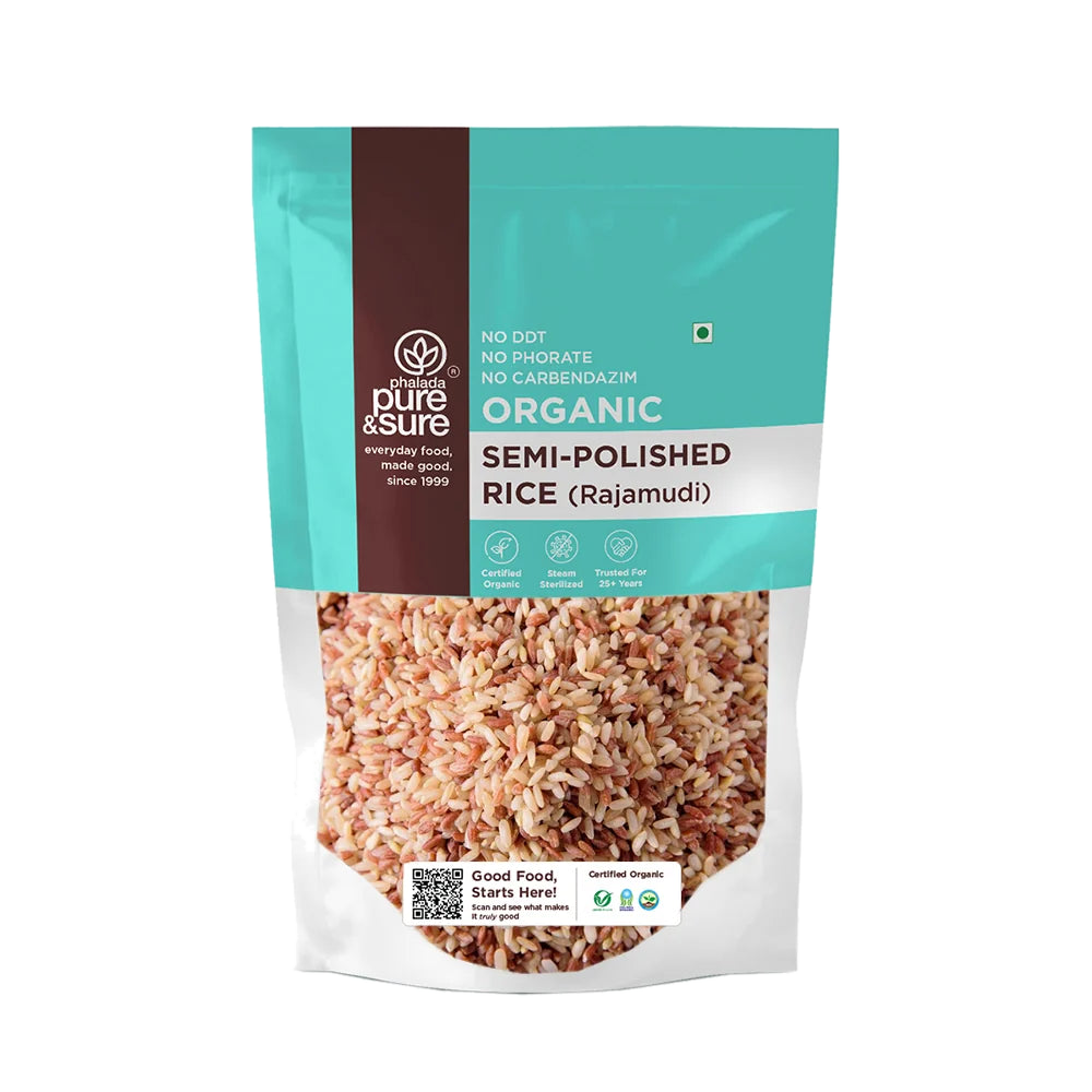 Pure & Sure Organic Semi-Polished Rajmudi Rice pack, front
