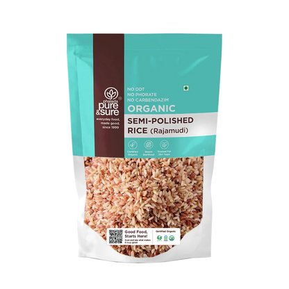 Pure & Sure Organic Semi-Polished Rajmudi Rice pack, front