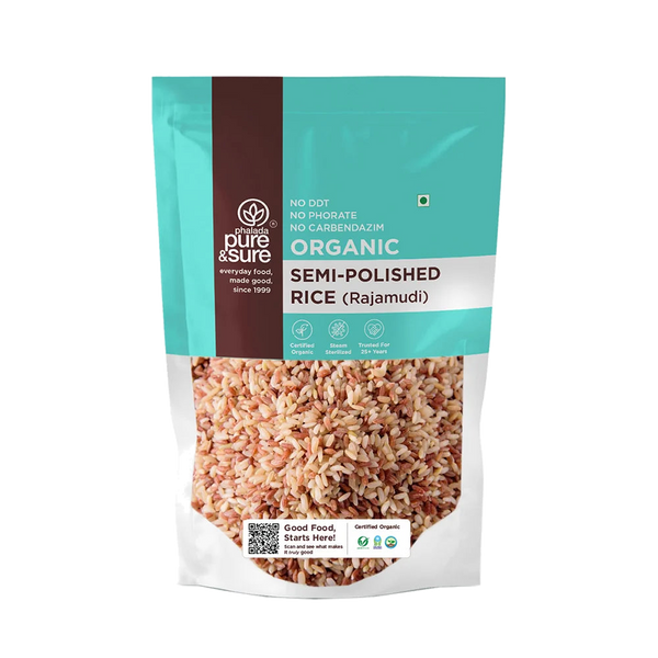 Pure & Sure Organic Semi-Polished Rajmudi Rice pack, front