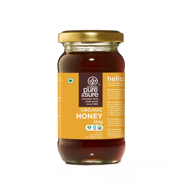 purepicked 250g jar of raw organic honey with a gold lid and yellow label on a white background