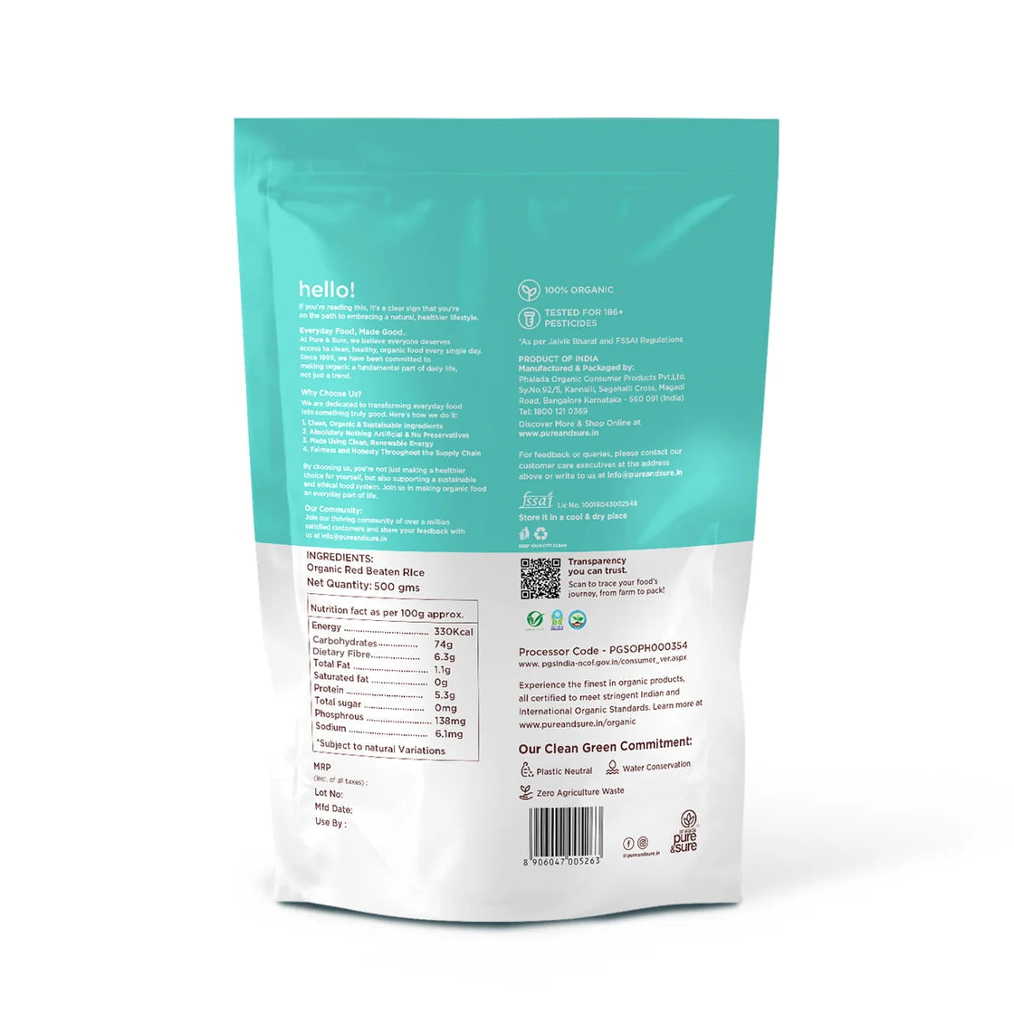 purepicked Red Poha packaging back view showing nutritional information and organic certification details