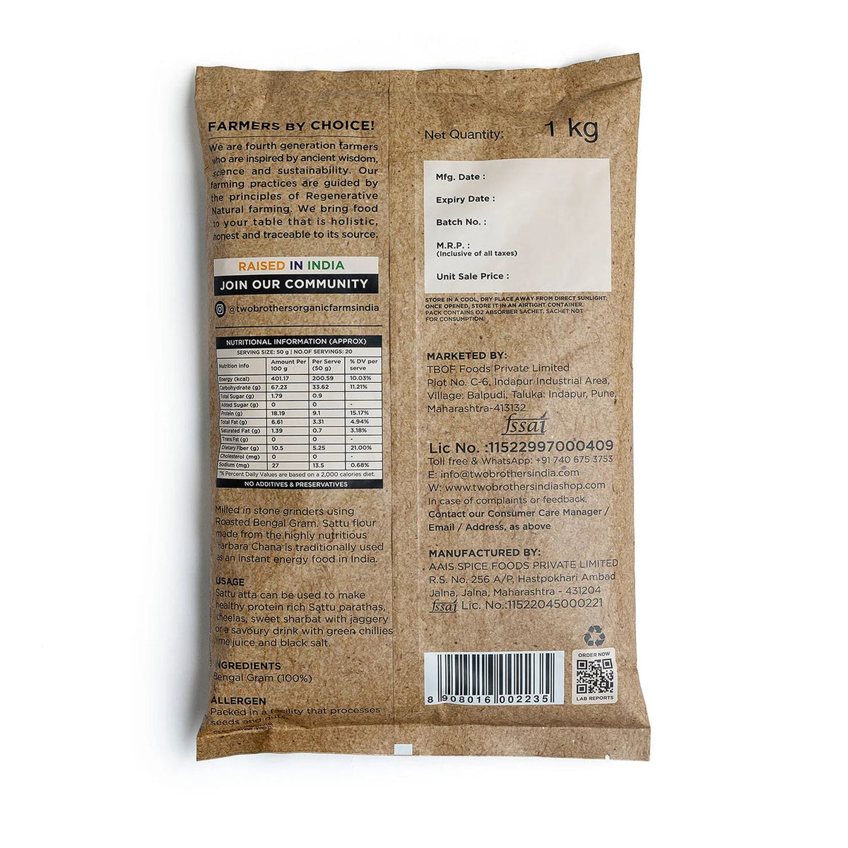 purepicked stoneground Sattu Atta packaging back view showing nutritional information and roasted Bengal gram details