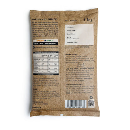 purepicked stoneground Sattu Atta packaging back view showing nutritional information and roasted Bengal gram details