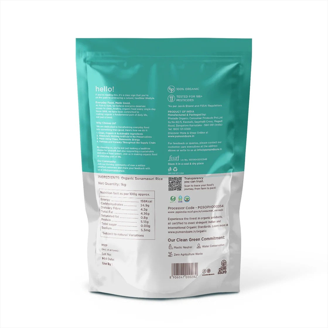 Back view of purepicked organic Sona Masoori polished white rice packaging with nutritional information and labels.