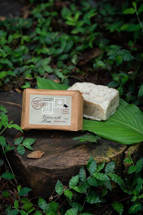 purepicked handmade Vetiver with Hemp beeswax soap bar with textured root powder on a leaf-covered forest log