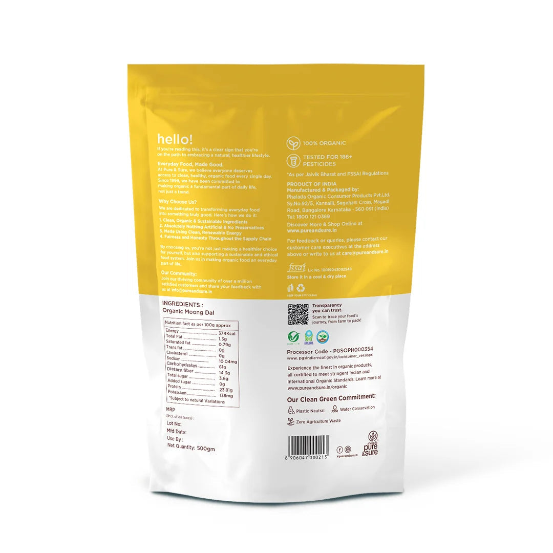 Back of purepicked unpolished yellow moong dal packet showing nutritional information and organic certification