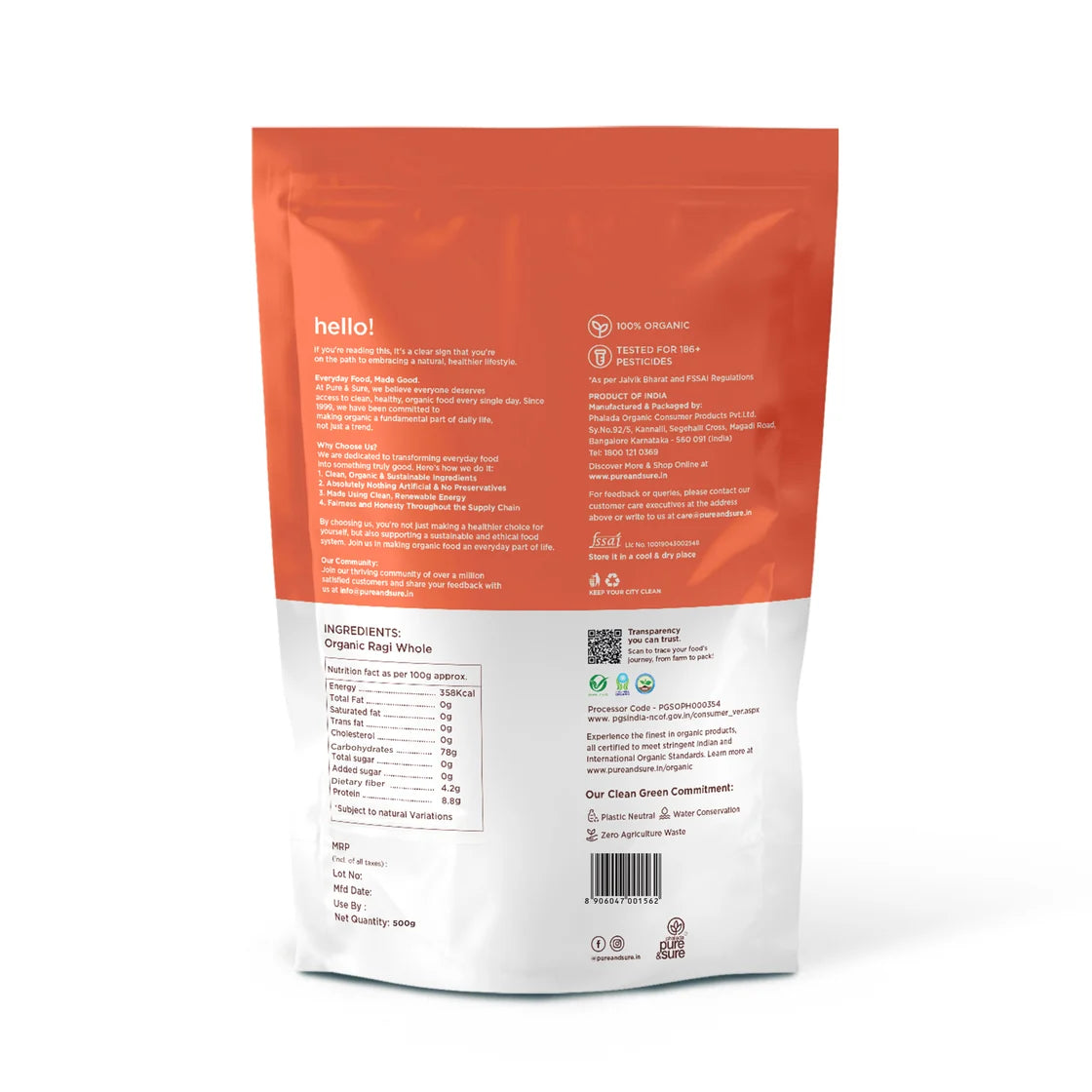 Back of the purepicked organic ragi flour pack showing ingredients and nutrition information