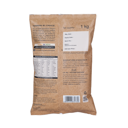 Back of the Two Brothers stoneground Besan Flour 1kg pack showing the nutrition table and manufacturer details