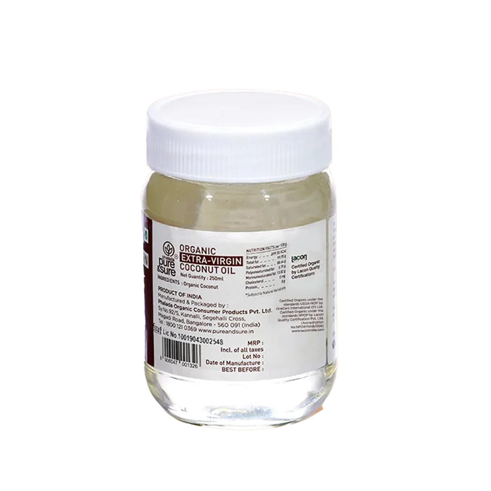 Back of the Pure & Sure Organic Extra-Virgin Coconut Oil 250ml jar showing the ingredient list and nutrition table